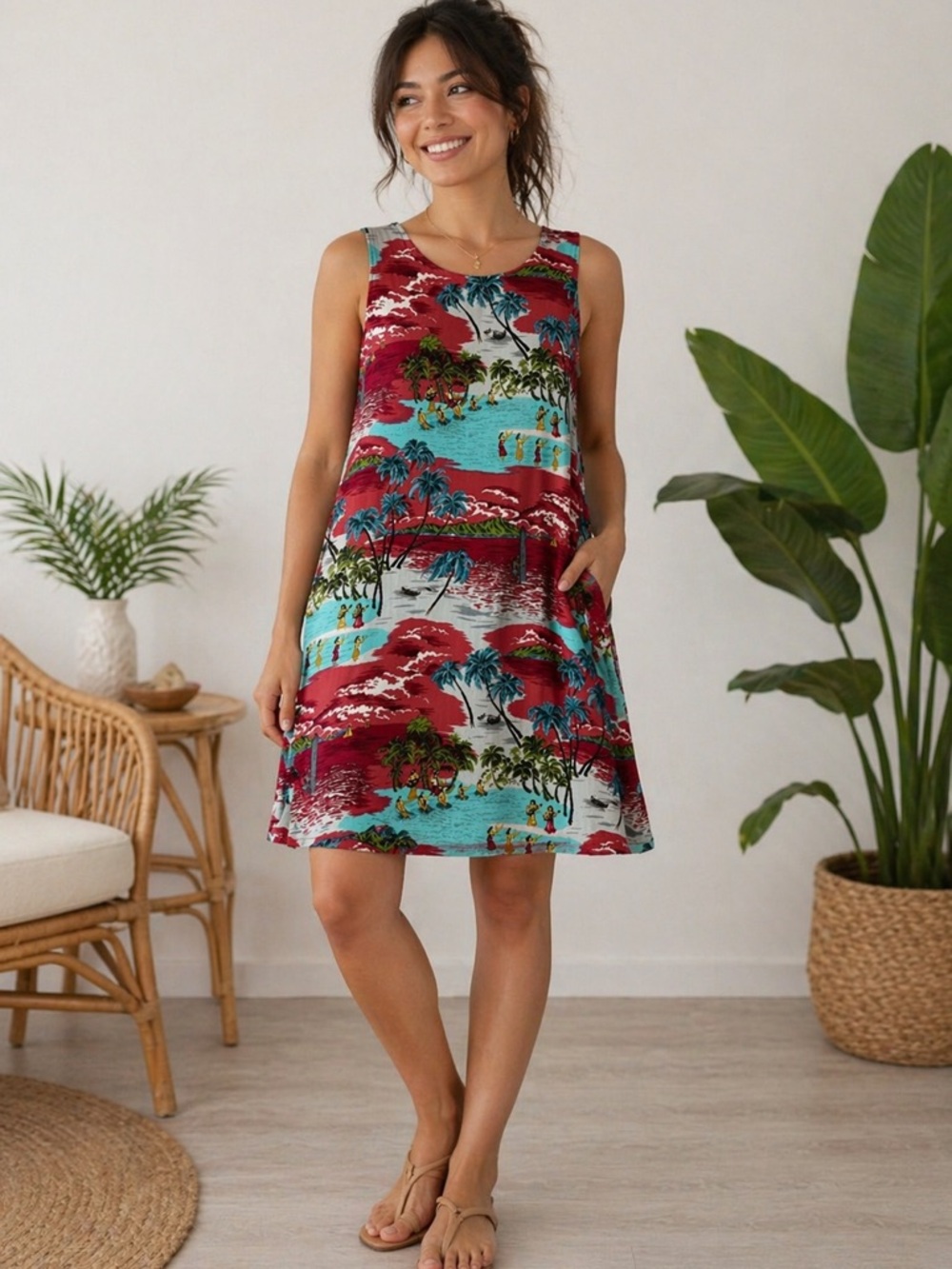 Hilo Hattie Sleeveless Tropical Mini Dress in Red, Teal, Green, White